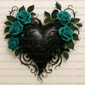 Gothic Black Heart and Teal Roses Digital Design