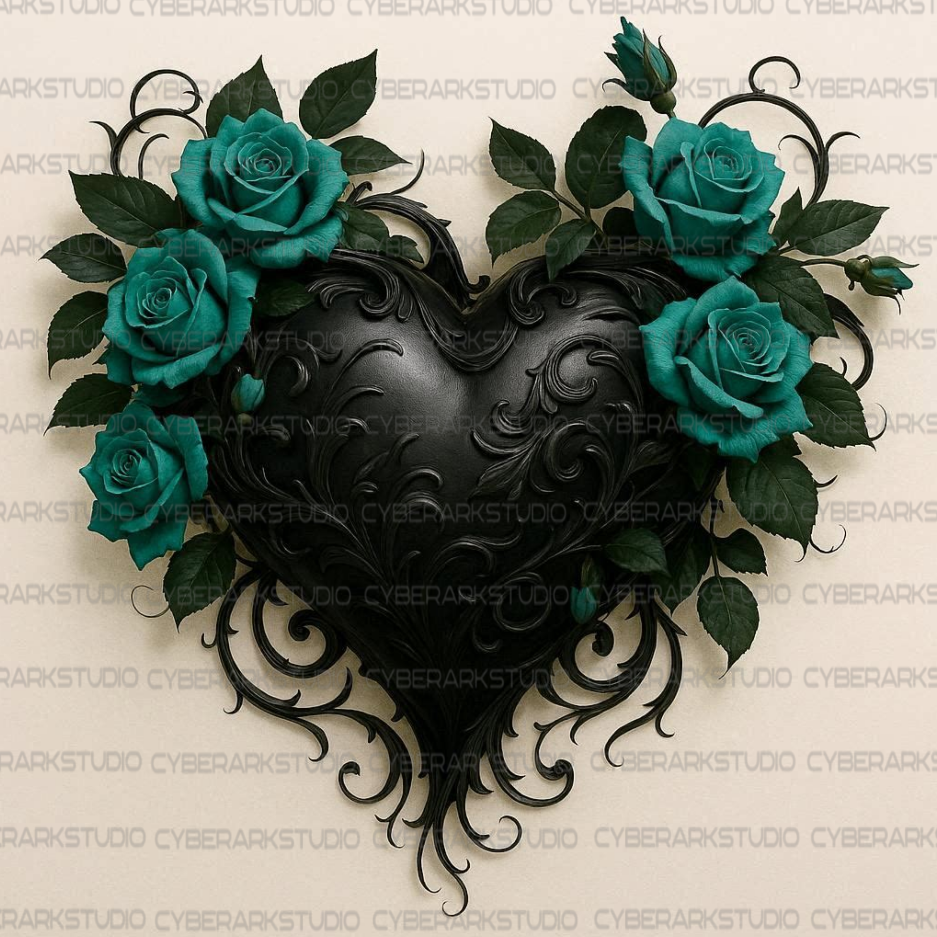 Gothic Black Heart and Teal Roses Digital Design