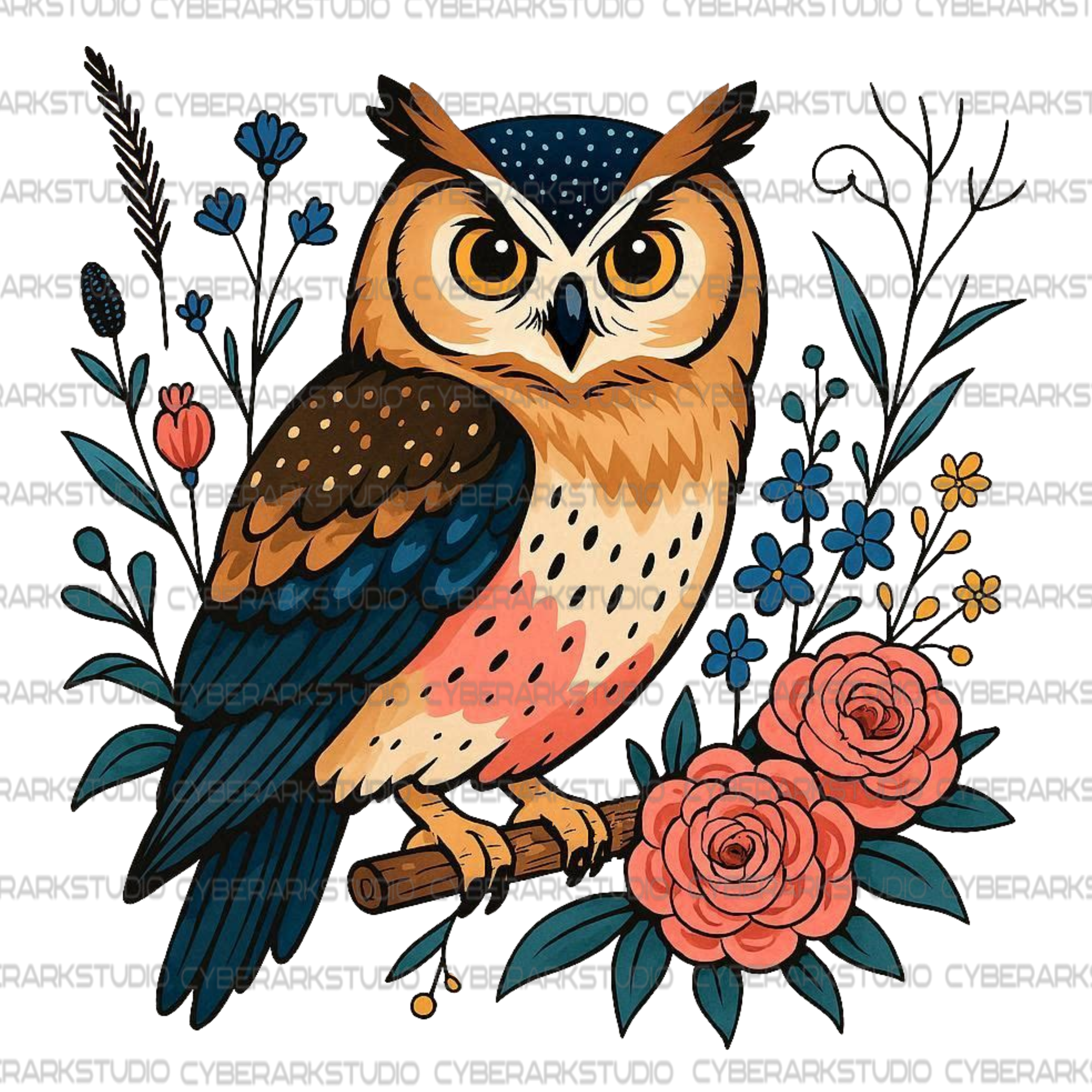 Beautiful Owl with Flowers Digital Design