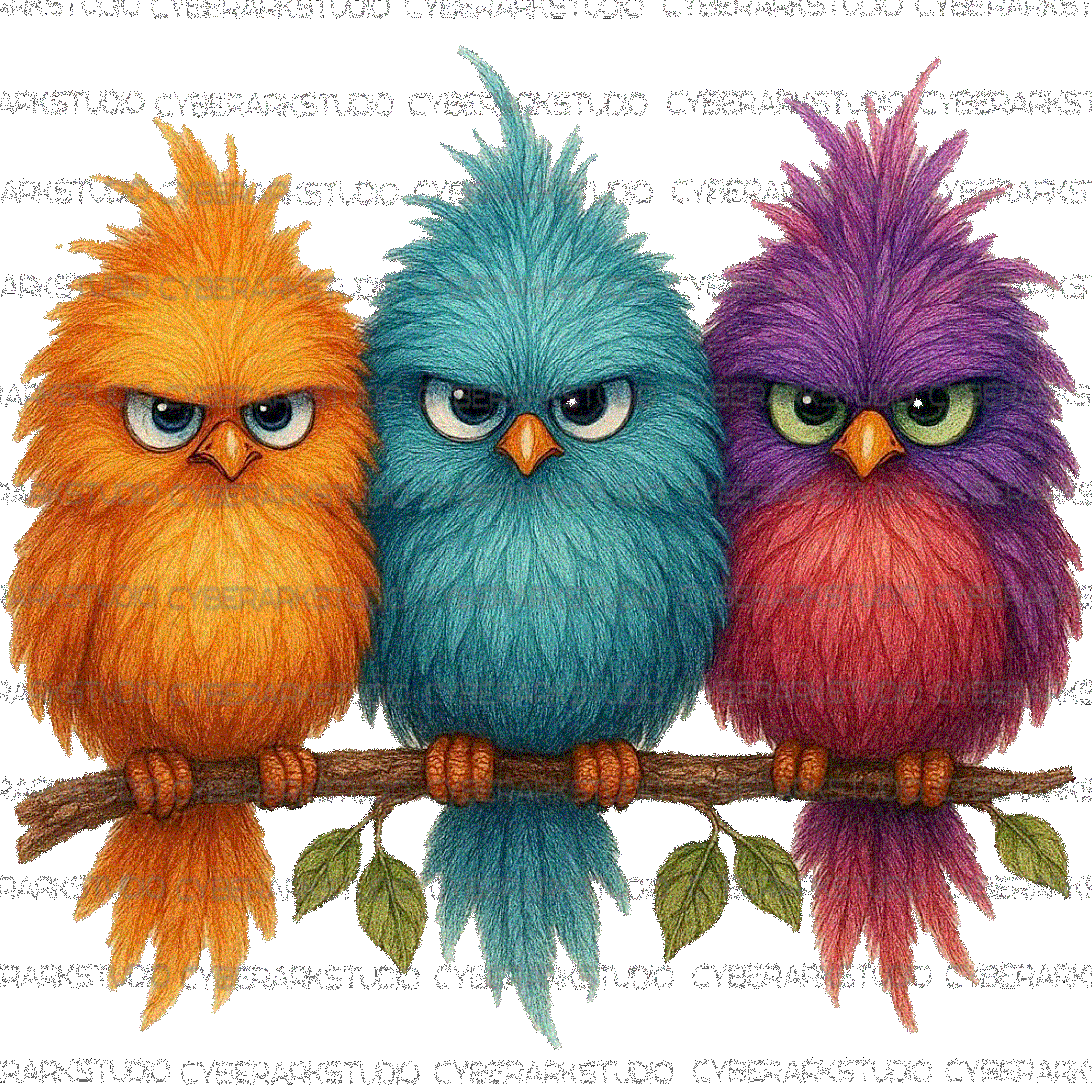 Three Upset Fluffy Birds Digital Design